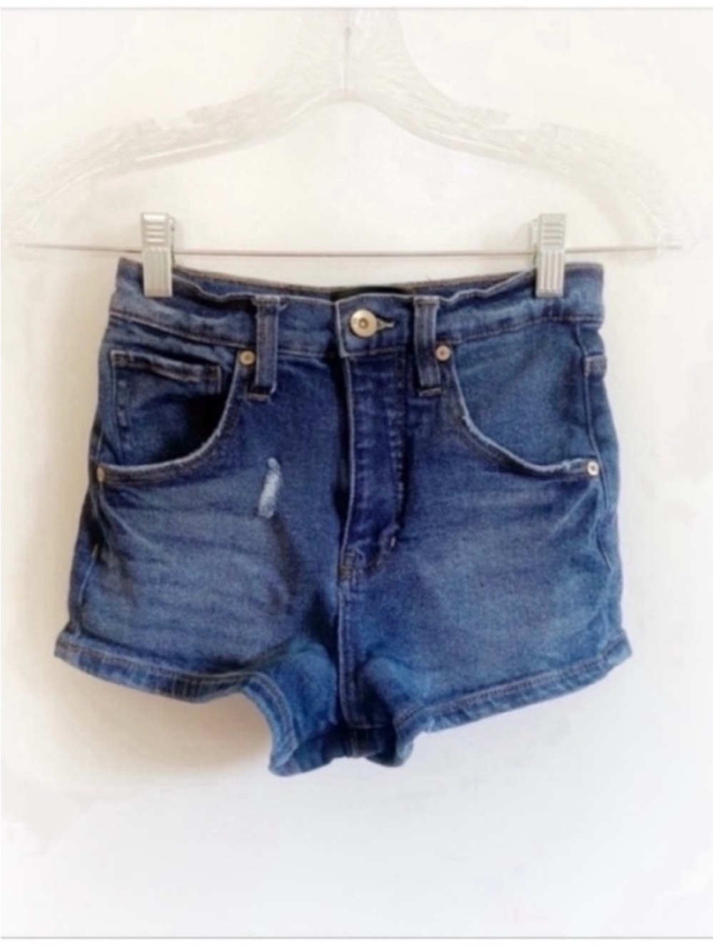 Kendall + Kylie The Drifter high rise shorts blue denim distressed cheeky
